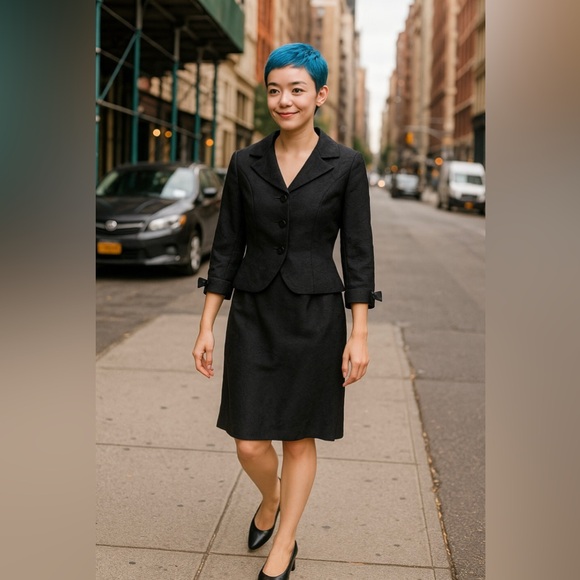 karin stevens Dresses & Skirts - Vintage Karin Stevens Petites 2 Piece Jacquard Dress Suit Black 12P Bow Cuff